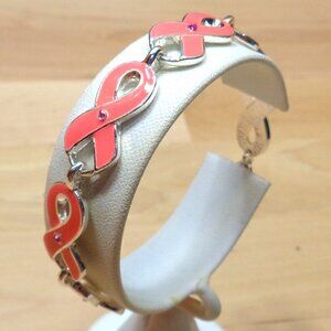 SILVER RHODIUM PINK RIBBON BREAST CANCER AWARENESS MAGNETIC CLASP BRACELET